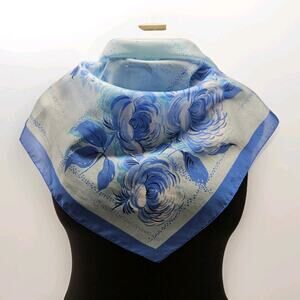 Vintage 25" Square Scarf Cream w Blue Floral Print Chiffon Retro Grannycore